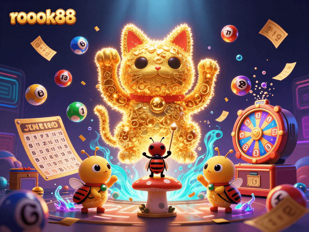 Experience the vibrant rokok88 digital scene featuring animated casino symbols and joyous gaming elements.