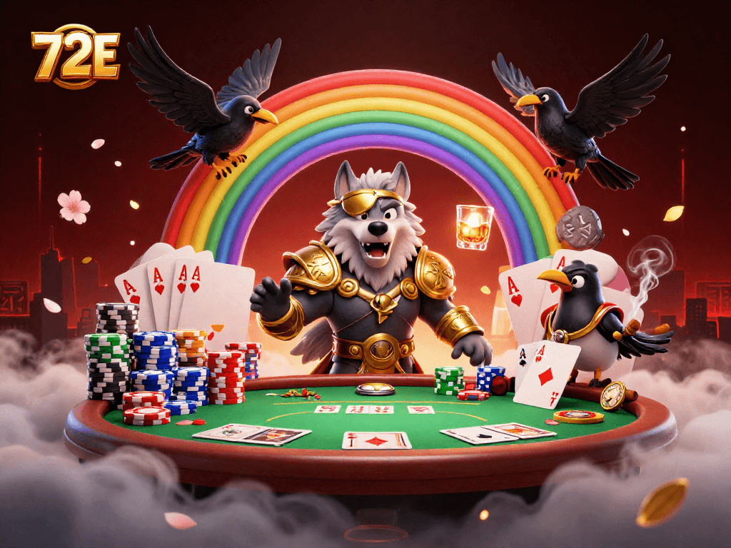 Apostadores aproveitando o cassino 72E com mesas de poker e fichas coloridas em uma cena vibrante.