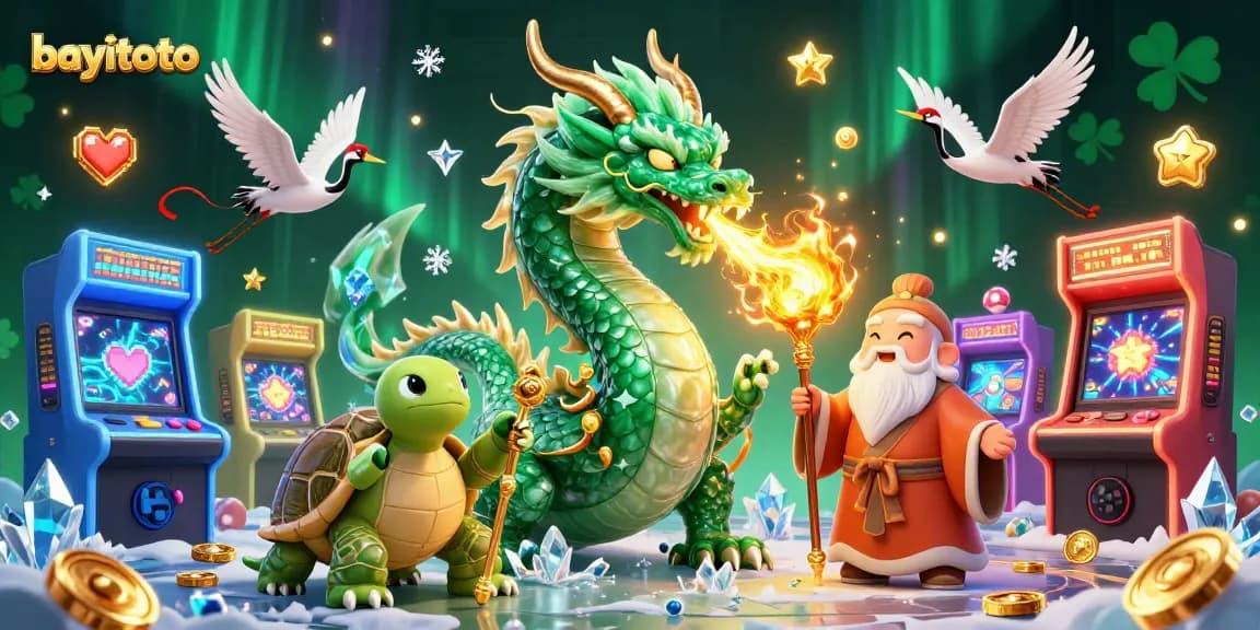 Experience the thrill of bayitoto with the emerald dragon, turtle sage, and lucky cranes in a vibrant casino environment.