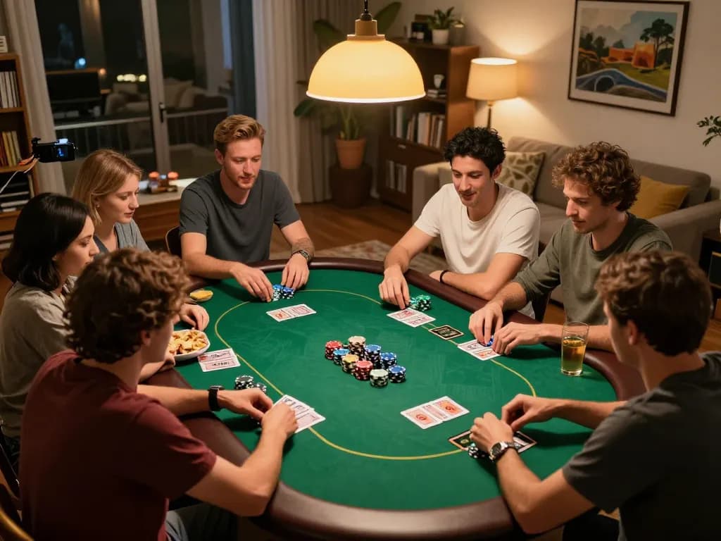 Players enjoying a situs gacor poker game at home, colorful chips and cards in play.