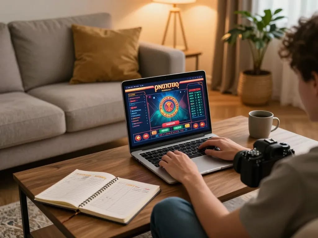 Engaging online gaming scene highlighting nhacaiuytinn, showcasing a player strategizing over a laptop.