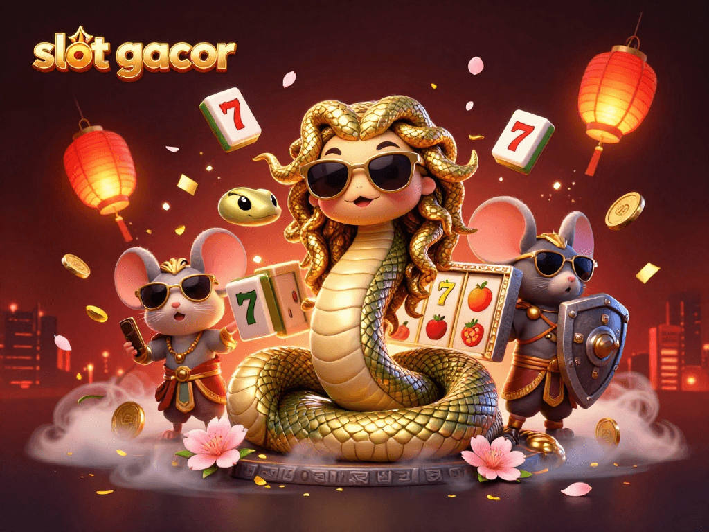 Win big with slot gacor in a vibrant 3D casino scene featuring Medusa and lucky symbols.