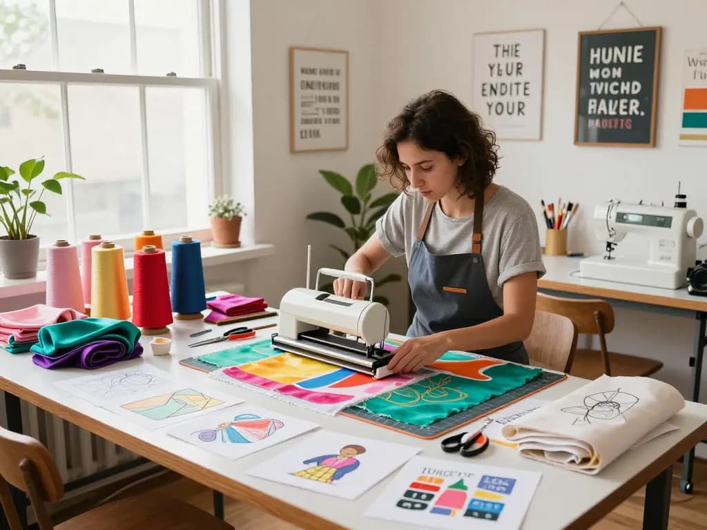 bóc ép lụa crafting scene with artisan using heat press in vibrant workshop