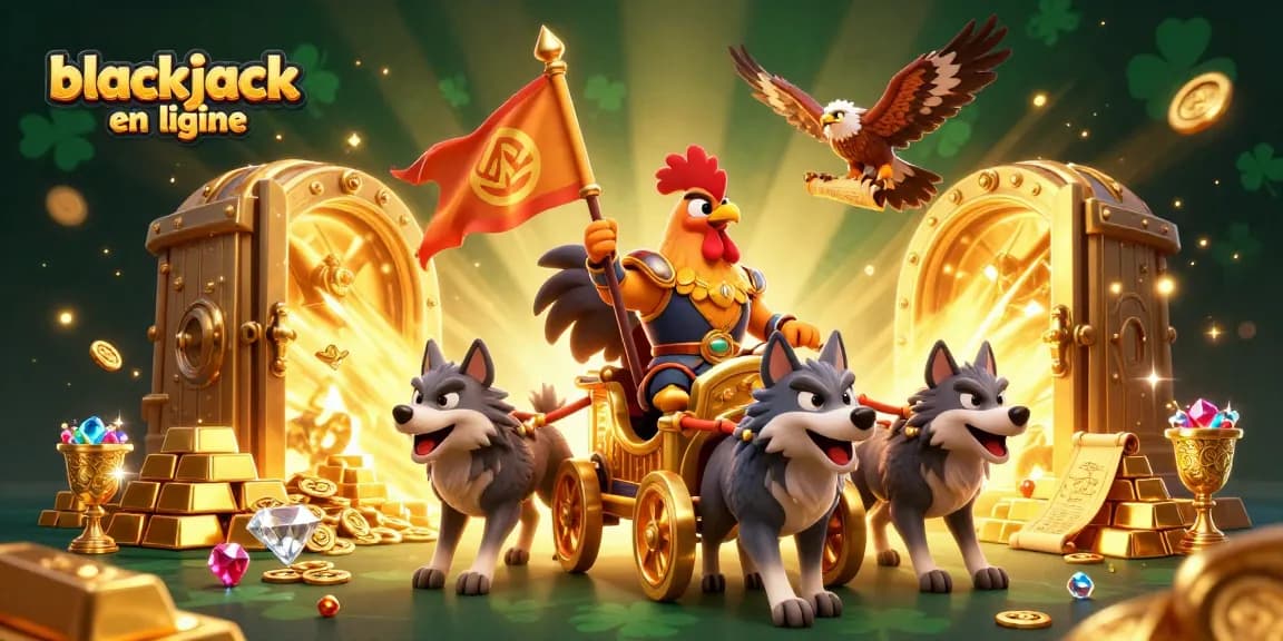 Jouez au blackjack en ligne dans un décor de casino animé, avec des trésors et des jeux de cartes.