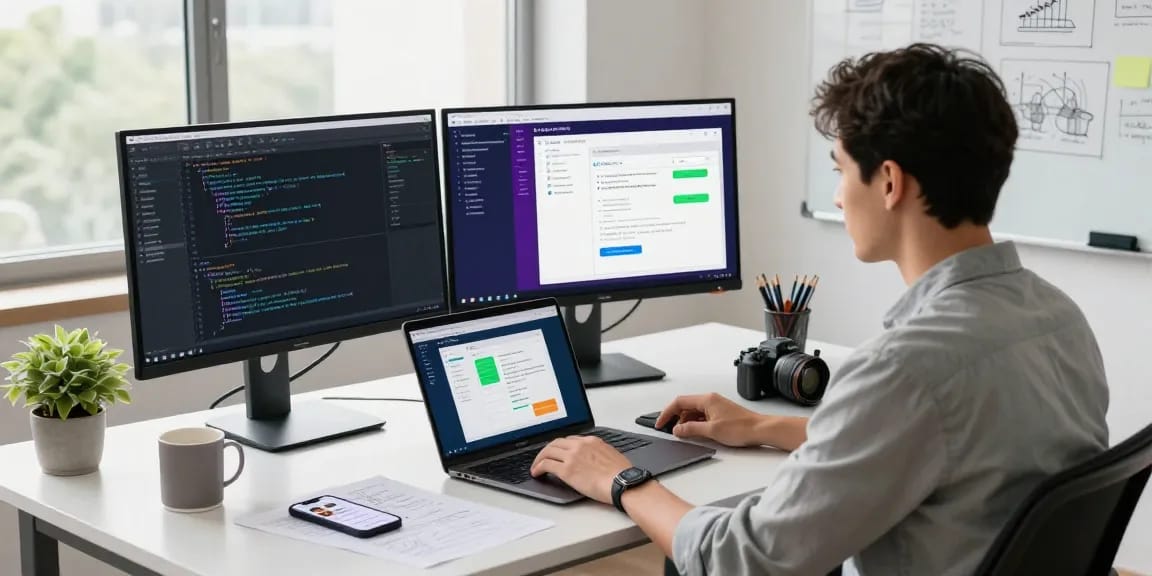 Open claw skill workspace with a developer coding and creating skills on dual monitors in a bright office.