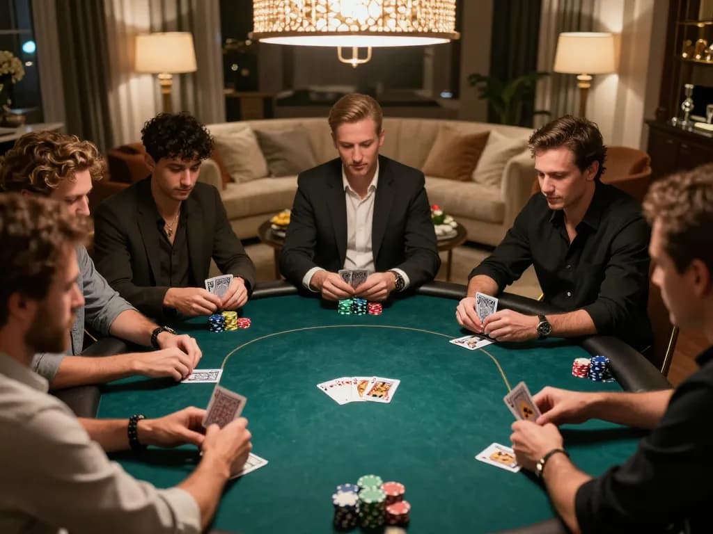 Players engaging in a strategic poker game at home, showcasing 789win experience in a cozy setting.