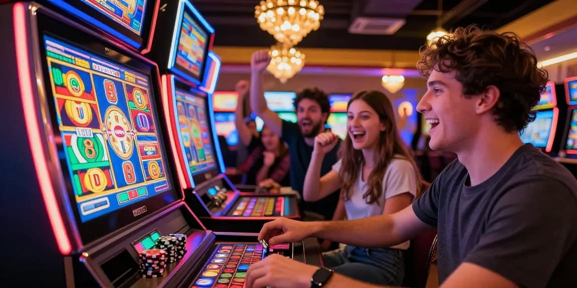 Exciting scene of deposit pulsa tanpa potongan at a lively slot gaming lounge with colorful lights.