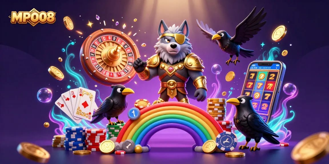 MPO08 showcases an epic casino scene featuring Odin and his ravens amidst radiant casino elements.