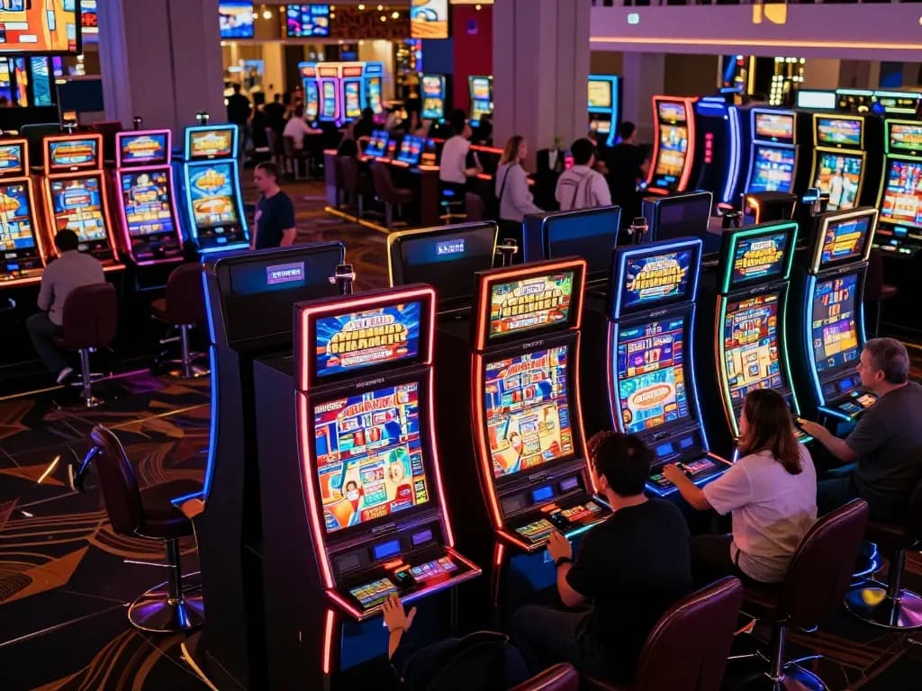 Players enjoying colorful slot machines at Jus77 casino, showcasing thrilling gaming experience