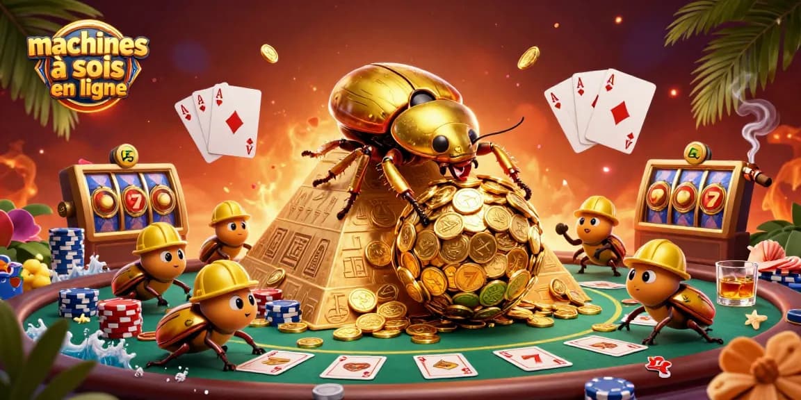 Jouez aux machines à sous en ligne avec des symboles de casino dans une scène dynamique et colorée.