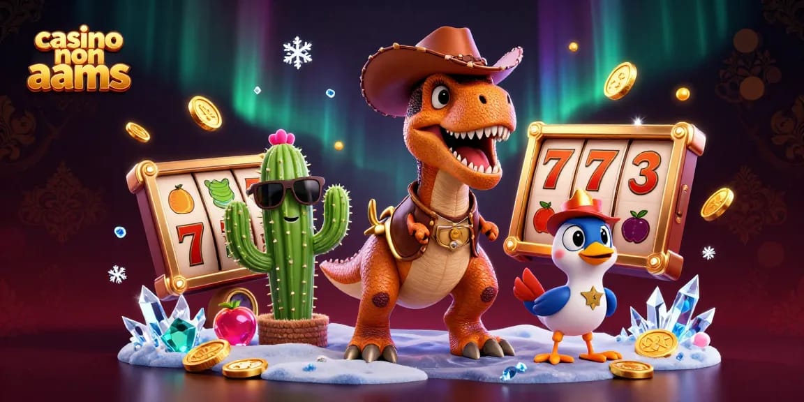 Giocando con divertenti slot nei casinò non AAMS, un T-Rex e amici animati nel mondo del gioco.