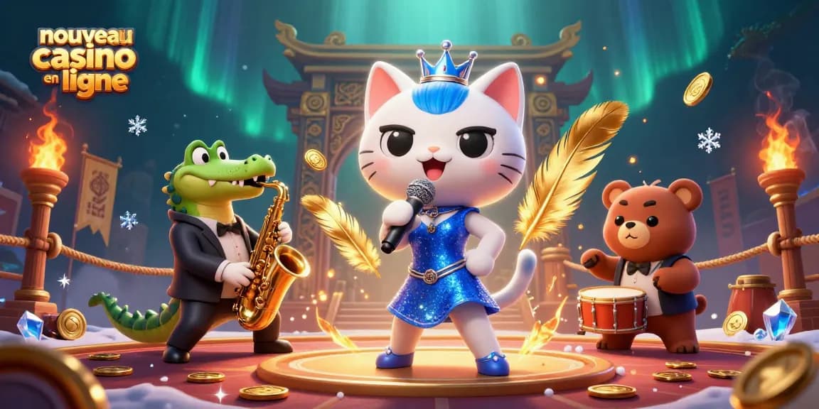 Plongez dans l'univers d'un nouveau casino en ligne avec un chat chanteur, un crocodile saxophoniste et un ourson batteur, entourés de pièces d'or et d'effets de fumée.