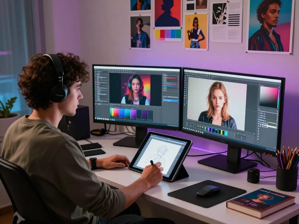 Graphic designer creating AI porn visuals in a modern workspace.