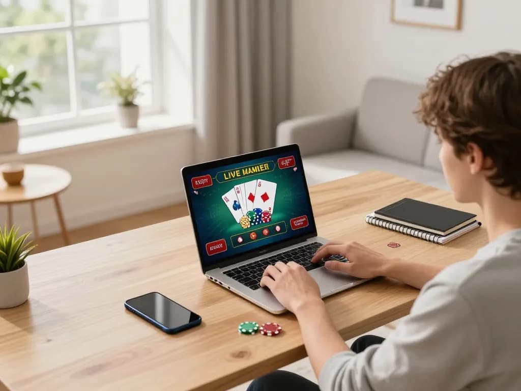 O8 player engaging in live casino gaming on a laptop in a stylish home setup, showcasing strategic betting.