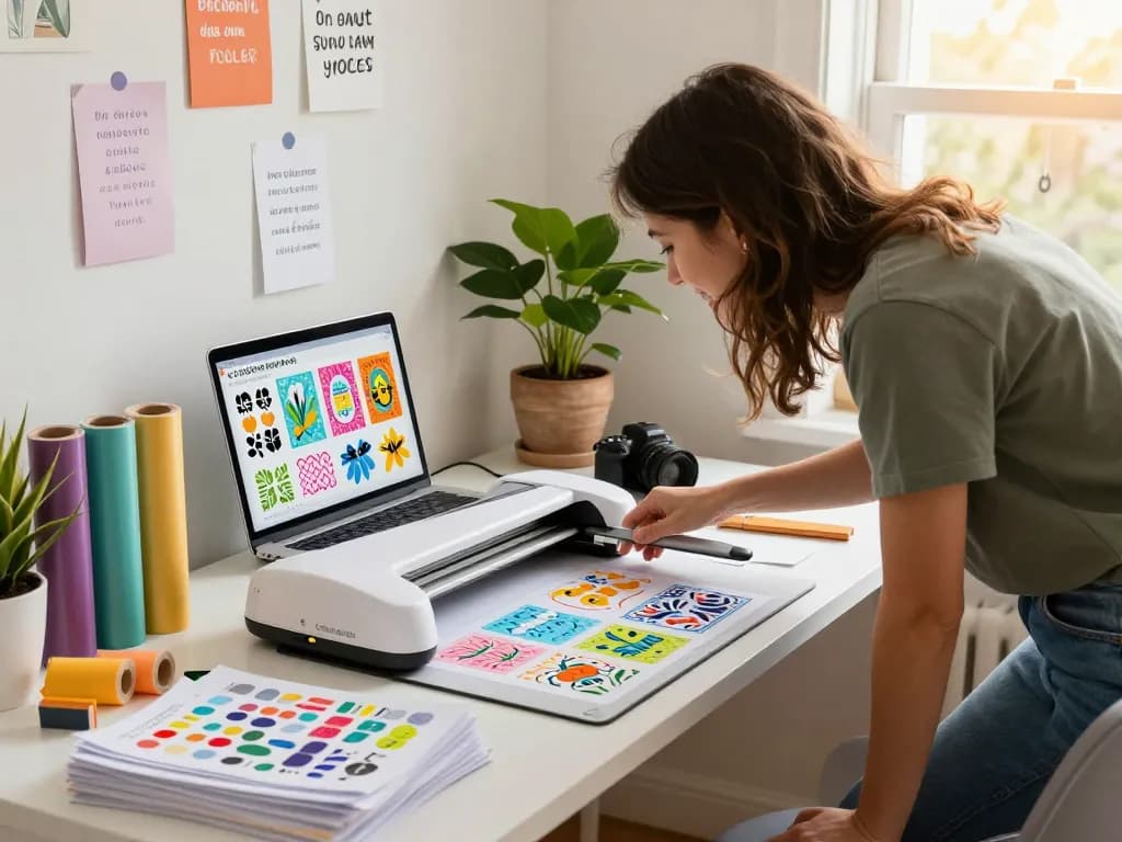 Vibrant scene showcasing a crafter using a cricut svg bundle in a cozy home office filled with colorful design tools and plants.
