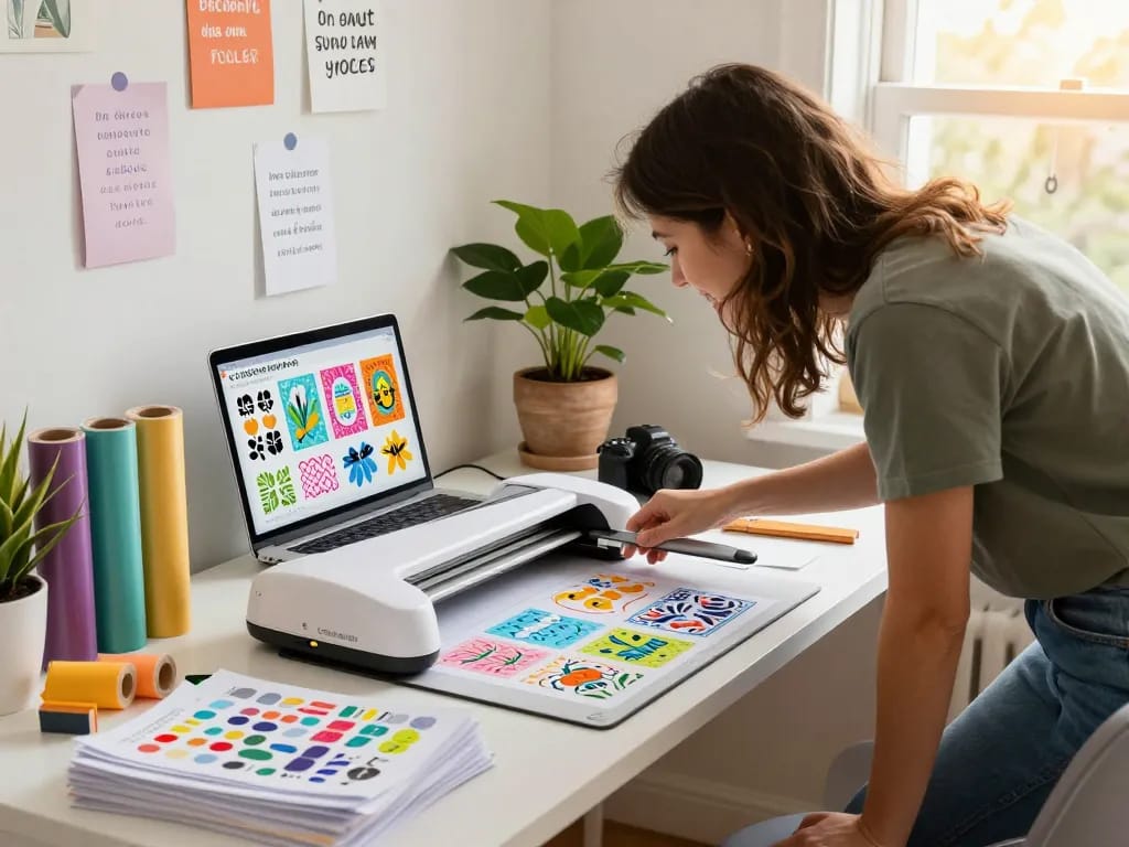 Vibrant scene showcasing a crafter using a cricut svg bundle in a cozy home office filled with colorful design tools and plants.
