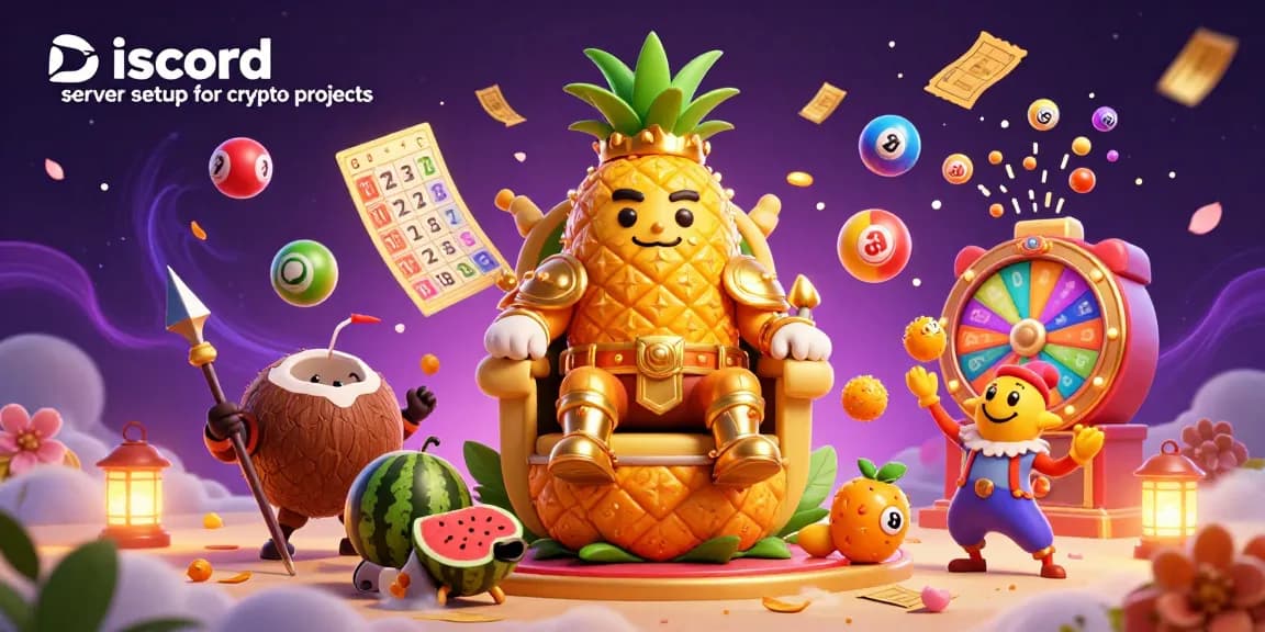Engaging illustration showcasing Discord server setup for crypto projects with a golden pineapple king, refreshing gaming elements, and dynamic visuals.