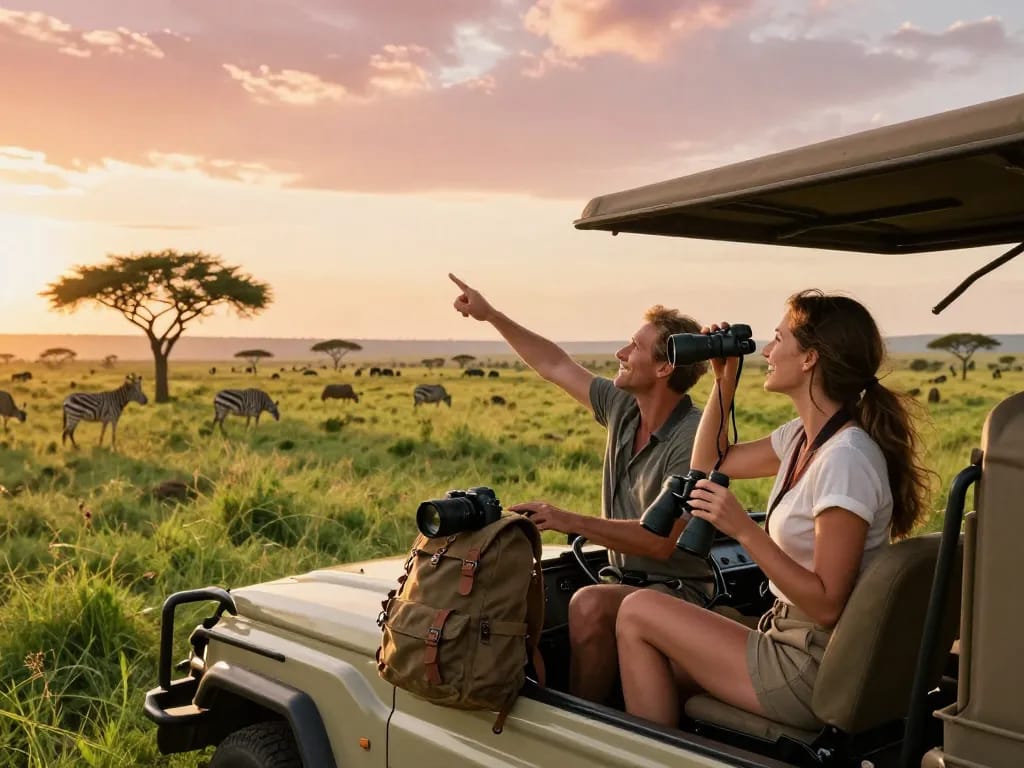 Tanzania local tour operators enhance safari experiences with authentic adventures in the Serengeti, capturing joyful travelers in a stunning landscape.