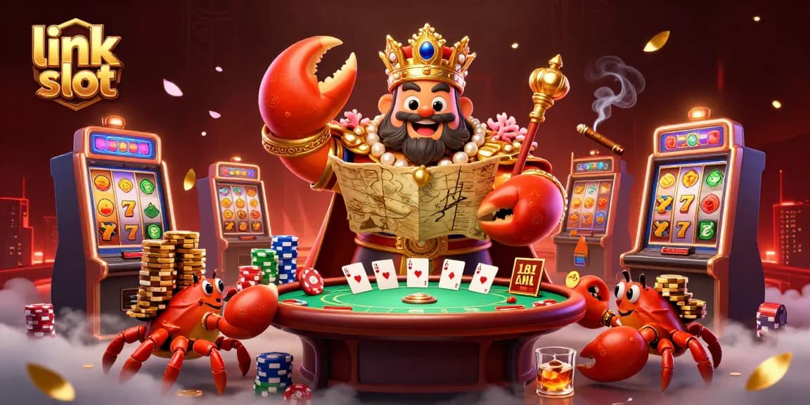 Spin the thrilling link slot alongside a golden crab emperor amidst vibrant casino elements and lively atmosphere.