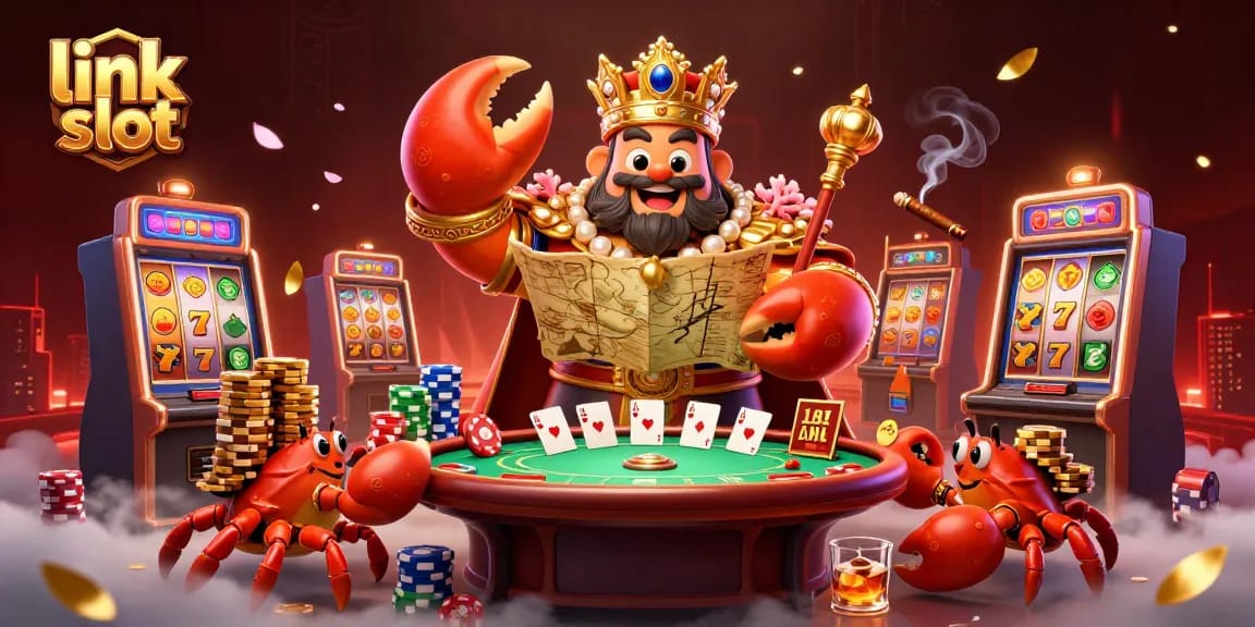 Spin the thrilling link slot alongside a golden crab emperor amidst vibrant casino elements and lively atmosphere.