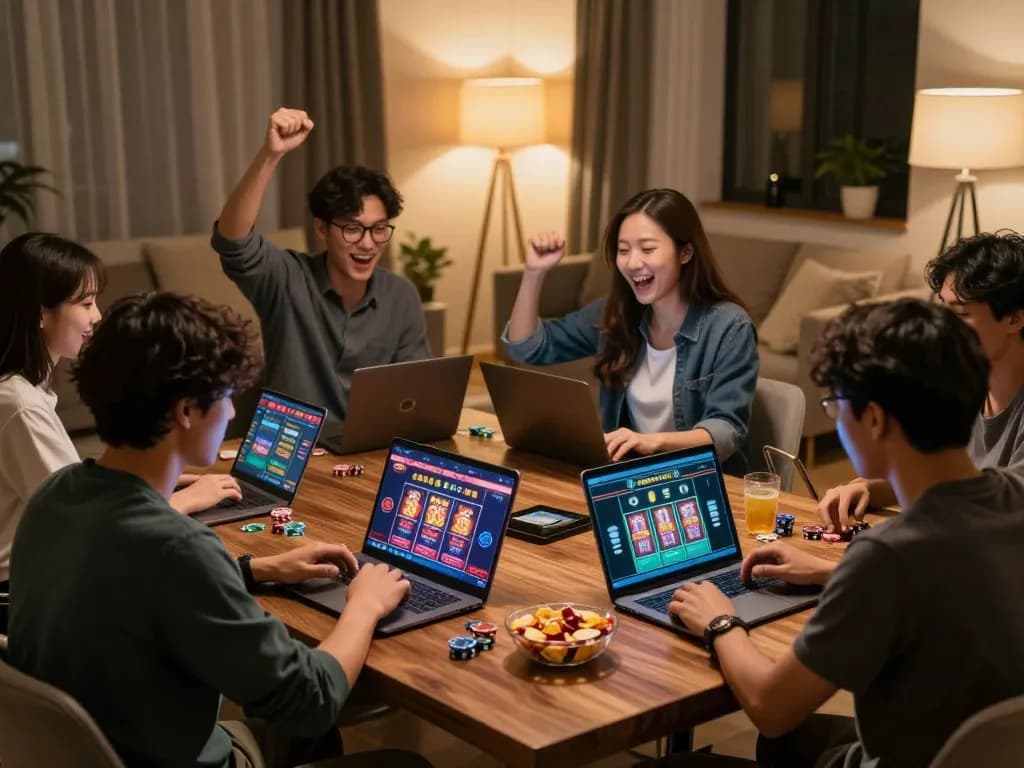 Friends celebrating at home engaging in superjp online poker game, showcasing lively atmosphere.