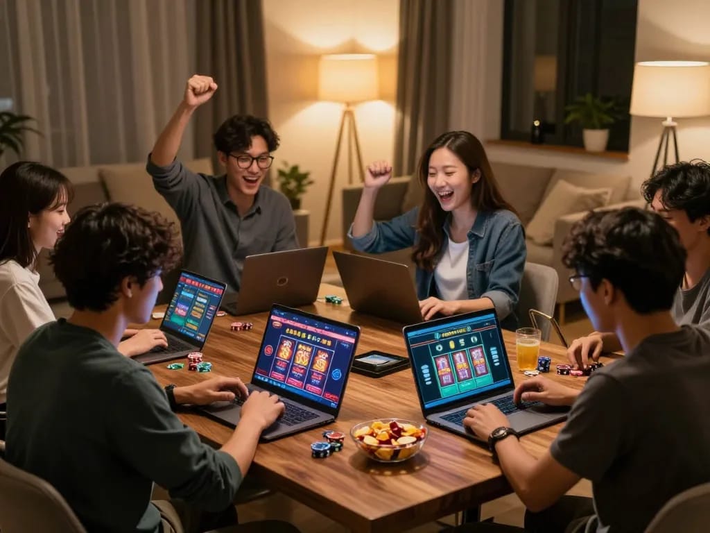 Friends celebrating at home engaging in superjp online poker game, showcasing lively atmosphere.