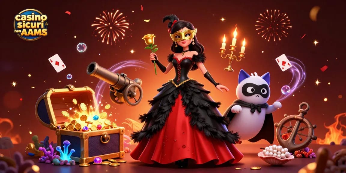 Partecipa ai casino sicuri non AAMS con una scena 3D mozzafiato che presenta una donna mascherata glamour e tesori.