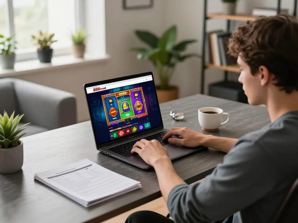 Engaging in 888vnd online gaming at home with strategic notes and vibrant slot games.