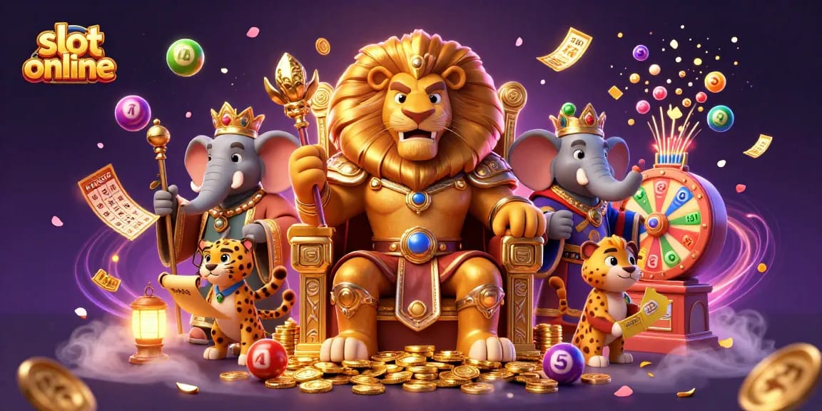 Experience the thrilling world of slot online with vibrant illustrations of casino elements and characters.