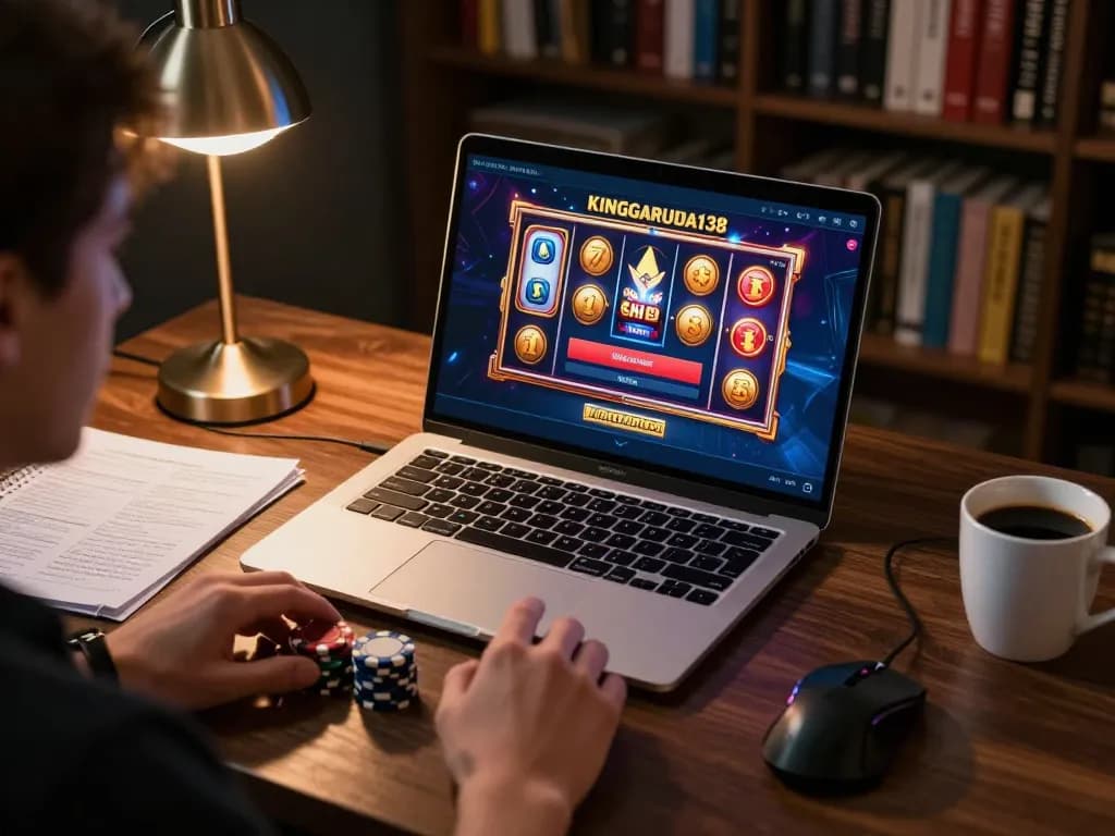 Engaged player using KINGGARUDA138 platform for online gaming, showcasing vibrant slot machines and strategic betting.