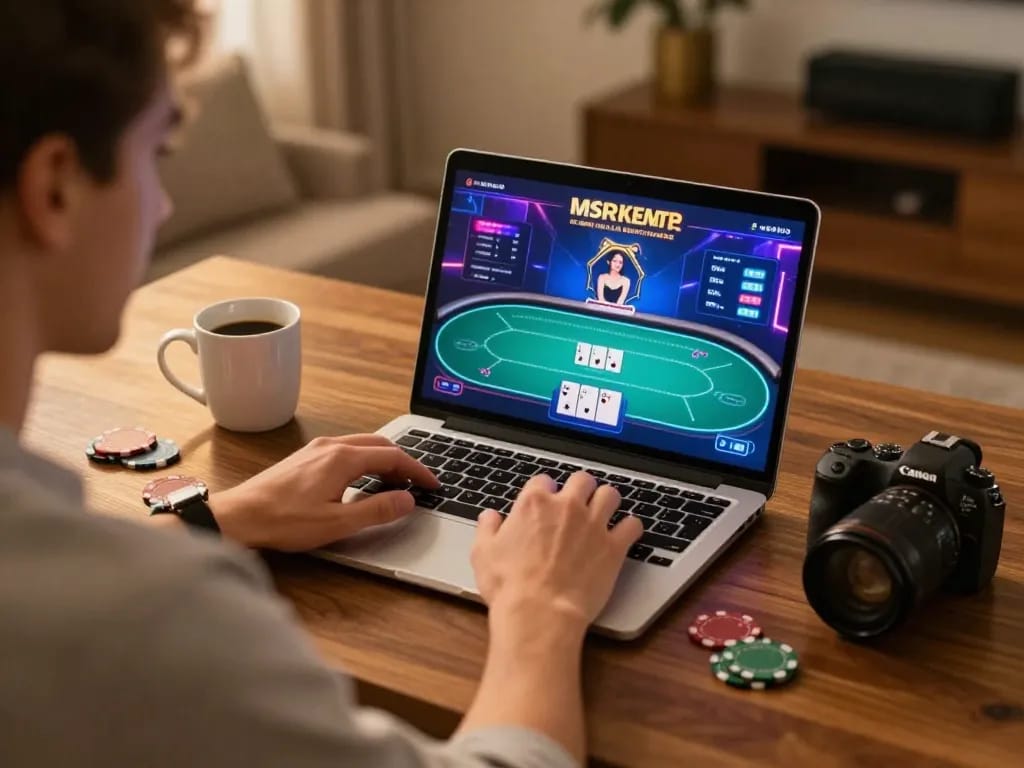 Player enjoying poker on 888now in a cozy home environment, emphasizing strategic gameplay.