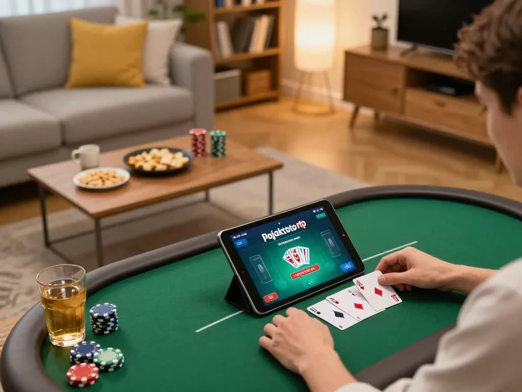 Engage in online gaming with pajaktoto rtp at a cozy home setup featuring a person playing on a tablet.