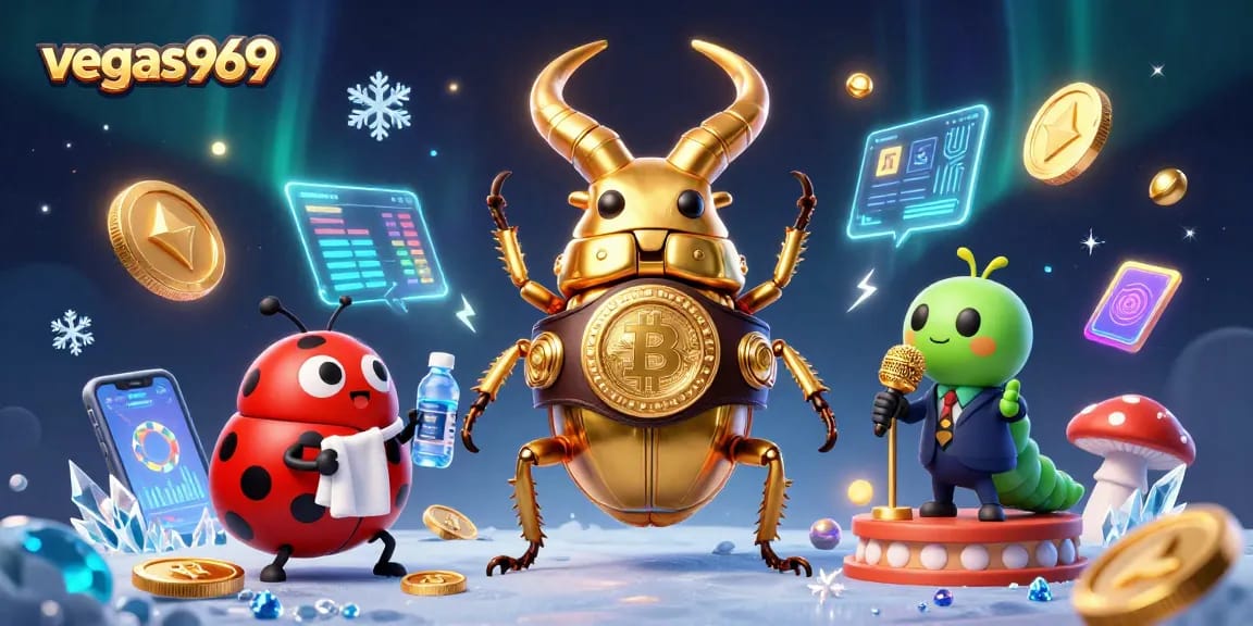Experience thrilling action with vegas969's vibrant 3D casino illustration featuring unique characters and crypto elements.
