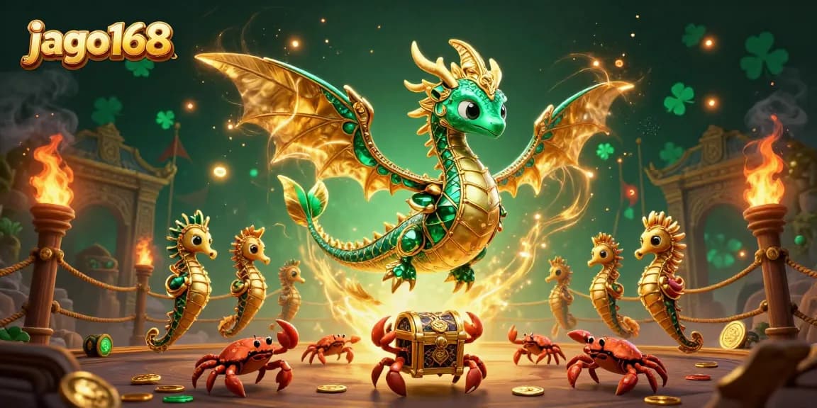 Experience the thrill of jago168 with an emerald dragon and crabs revealing hidden treasures.