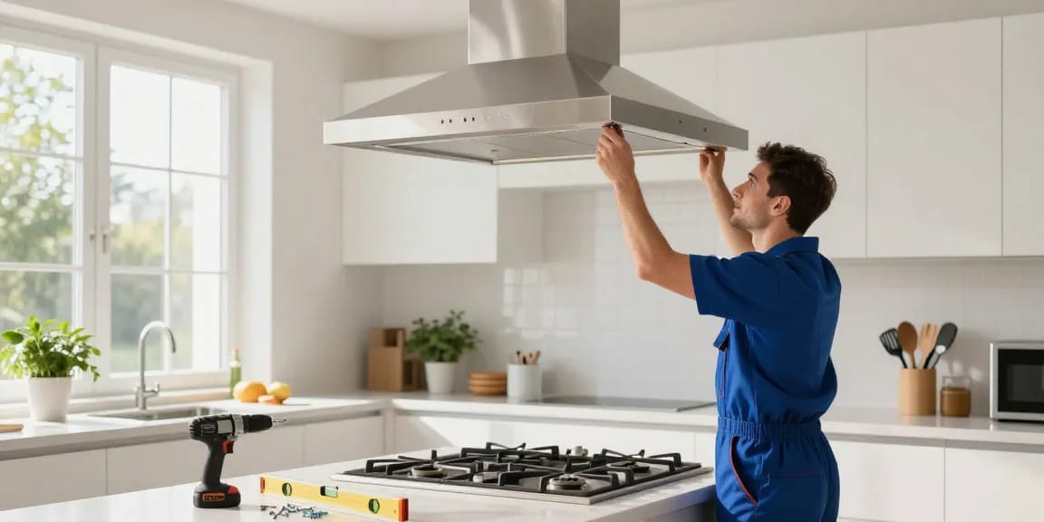 Range Hood Installation by technician in modern kitchen, showcasing precise alignment and professional tools.
