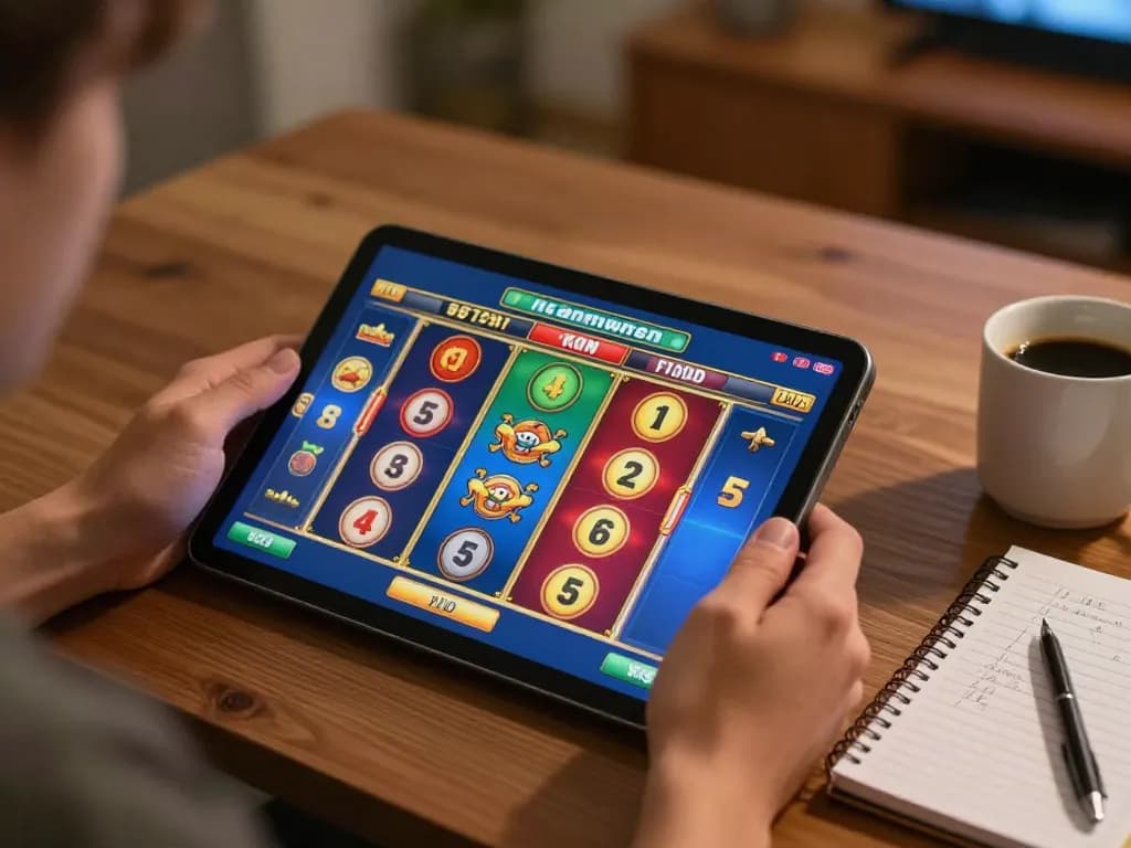 Playing exciting slots not on gamstop on a tablet in a cozy home setting.