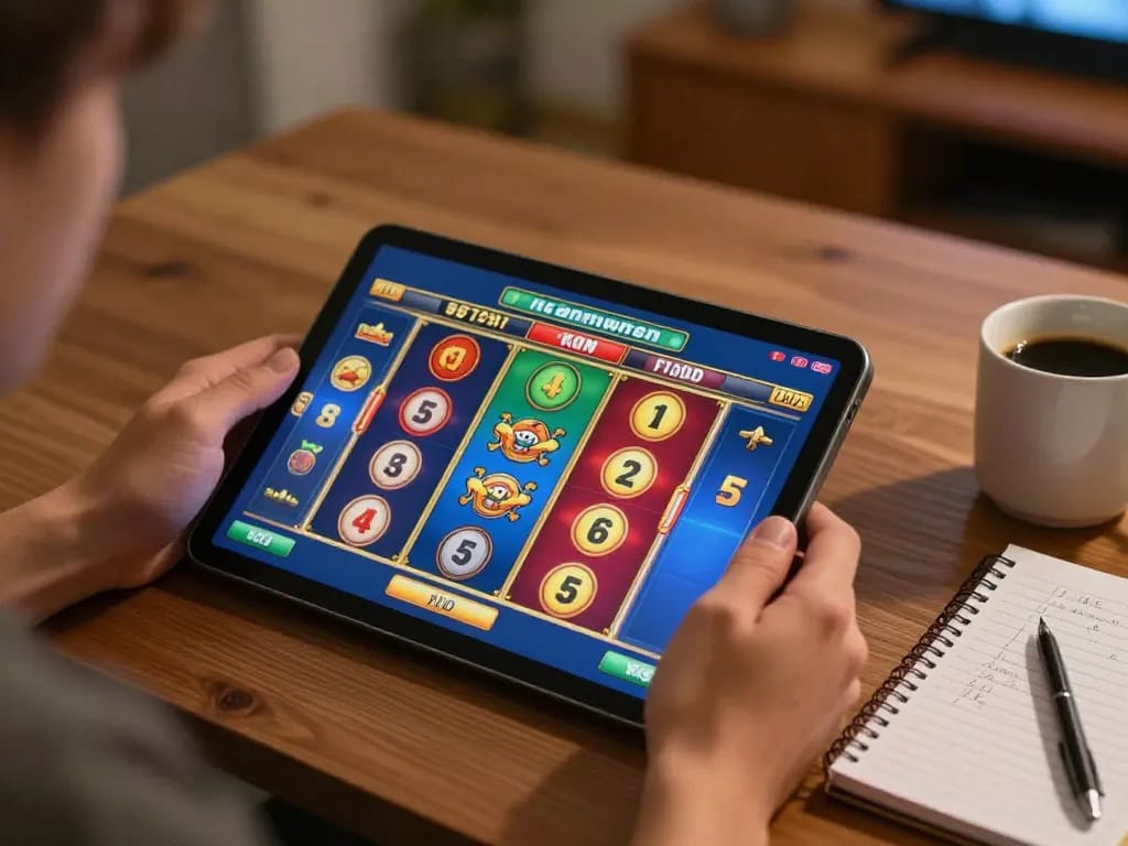 Playing exciting slots not on gamstop on a tablet in a cozy home setting.