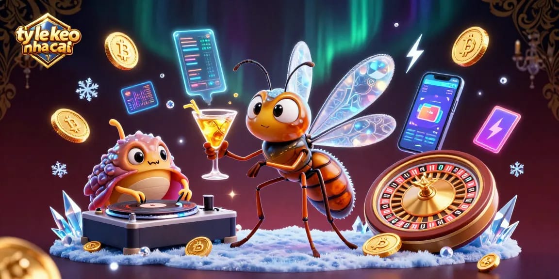 Engage with ty le keo nha cai through a vibrant casino scene showcasing animated characters, cryptocurrency coins, and dynamic gaming elements.