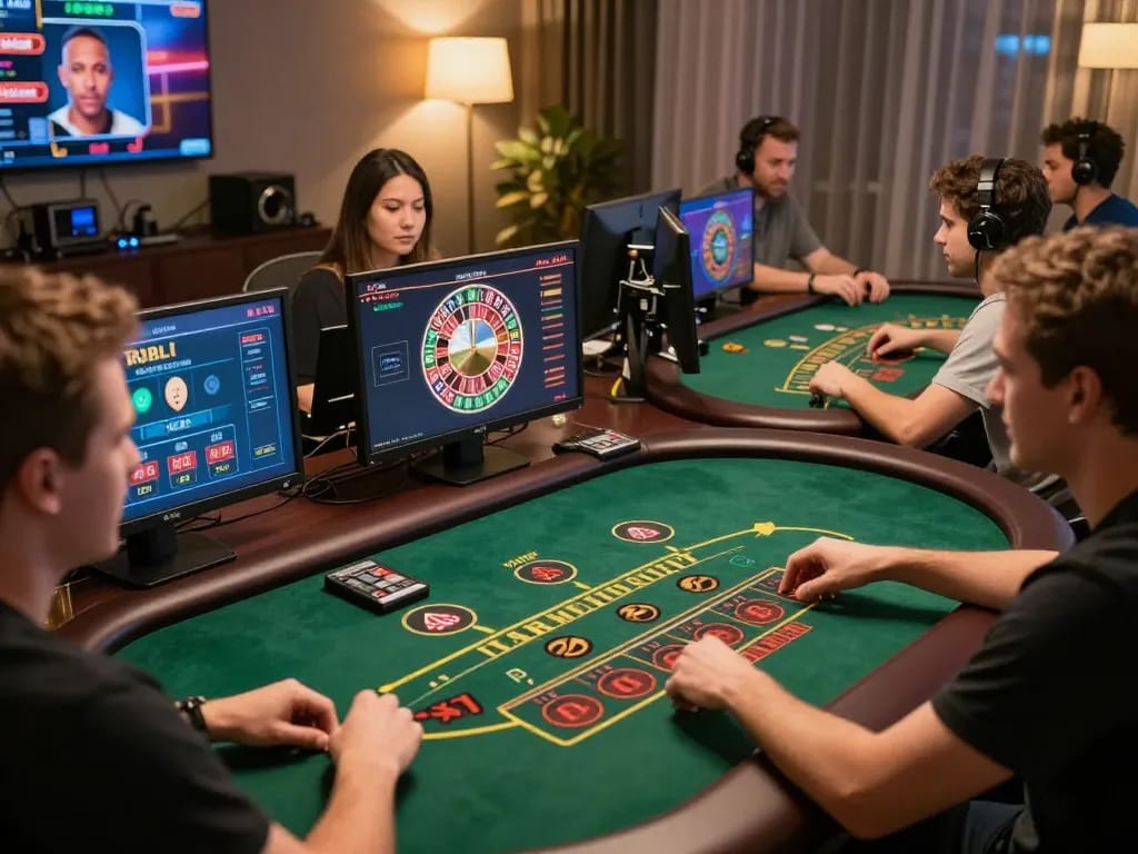 Players enjoying vivu88 online casino games in a modern home setting with live dealers.