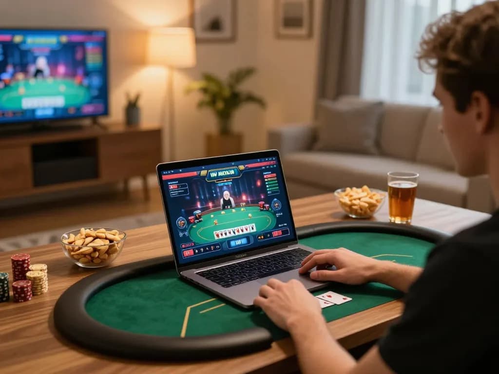 Experience thrilling poker gameplay at home with iWin on a cozy laptop setup.