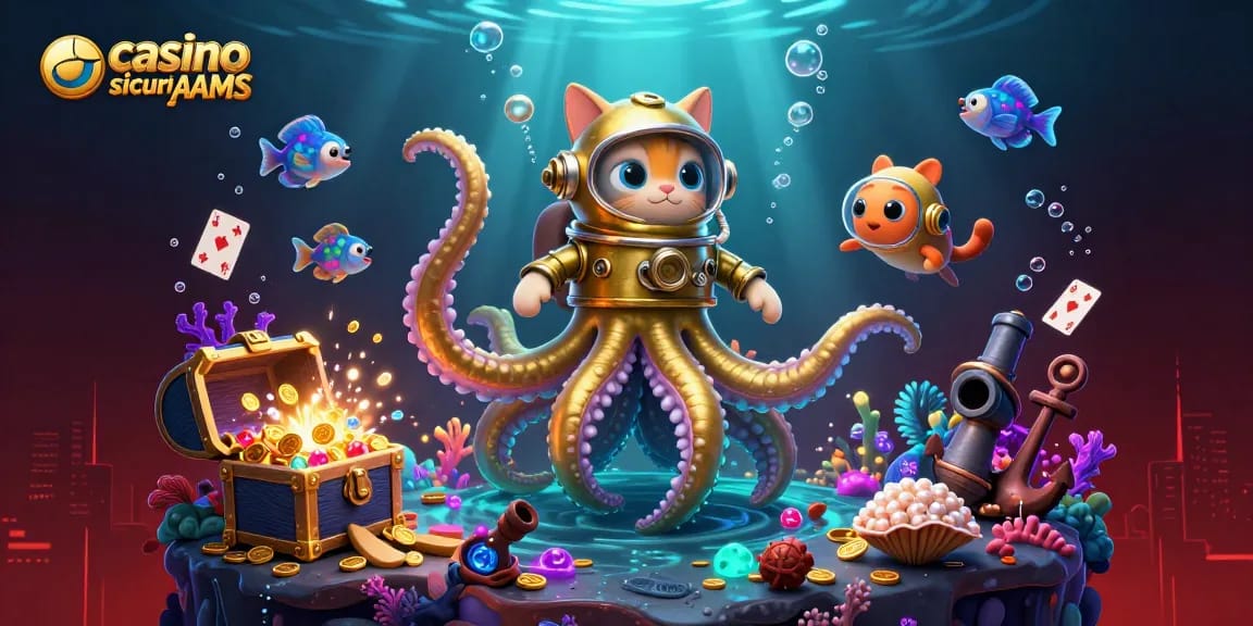 Scopri il brivido dei casino sicuri non AAMS con un'avventura subacquea vivace che presenta un kraken e un gatto subacqueo.