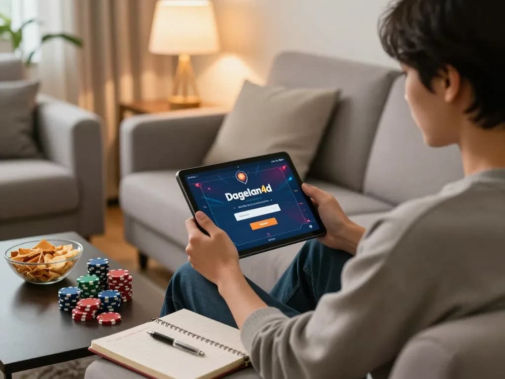 Time for dagelan4d login with a gamer using a tablet for exciting online gambling at home.