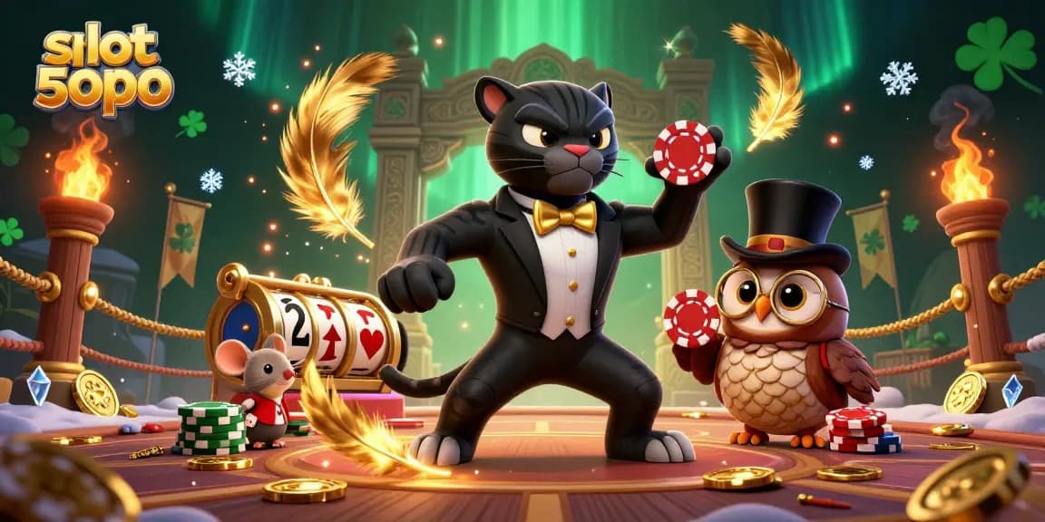 Play slots like a pro with slot depo 5000, featuring a tuxedo panther, an owl, and gold coins.