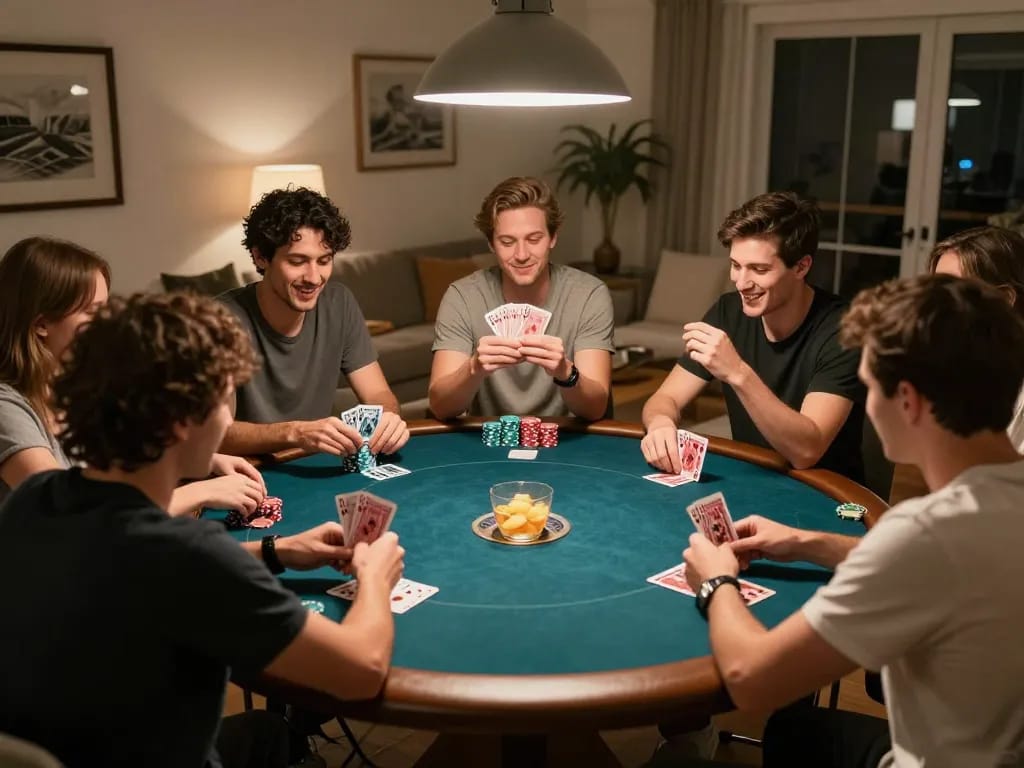 Players enjoying a lively poker game at home showcasing RR88 community spirit and gaming strategy