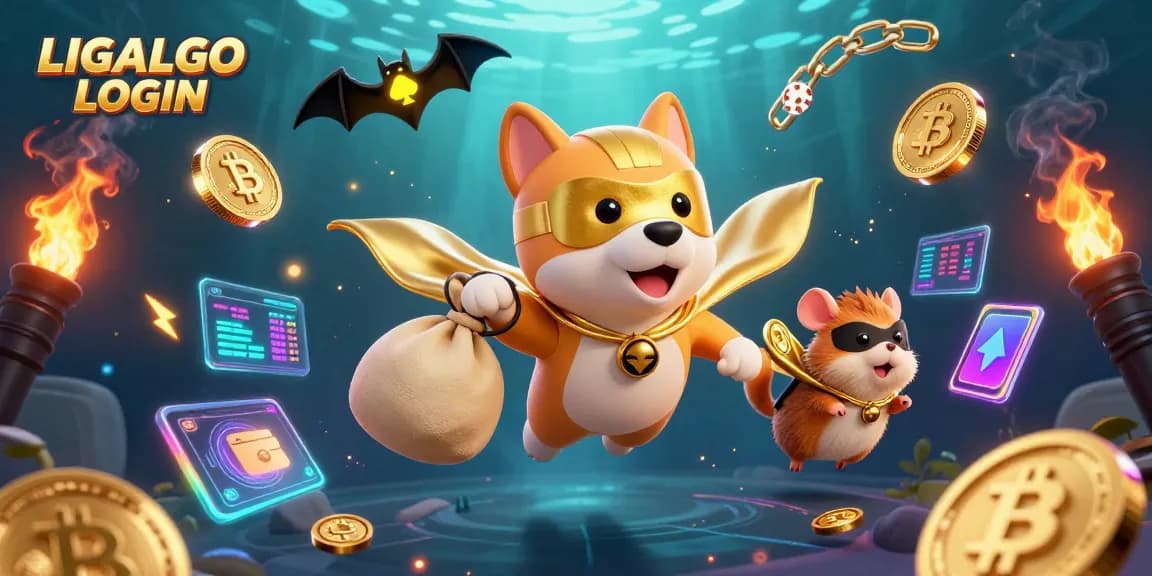 LIGALGO LOGIN captures a superhero dog and hamster, symbolizing winning strategies in online gaming.