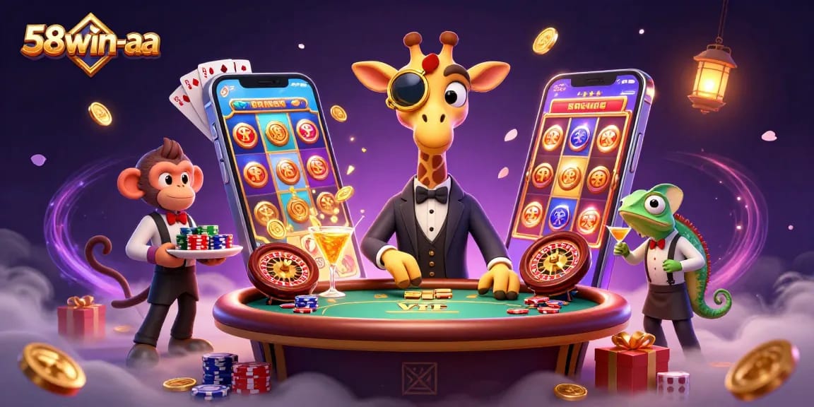 Join the fun at 58win-aa with a vibrant casino scene featuring a high-roller giraffe and exciting slot games.