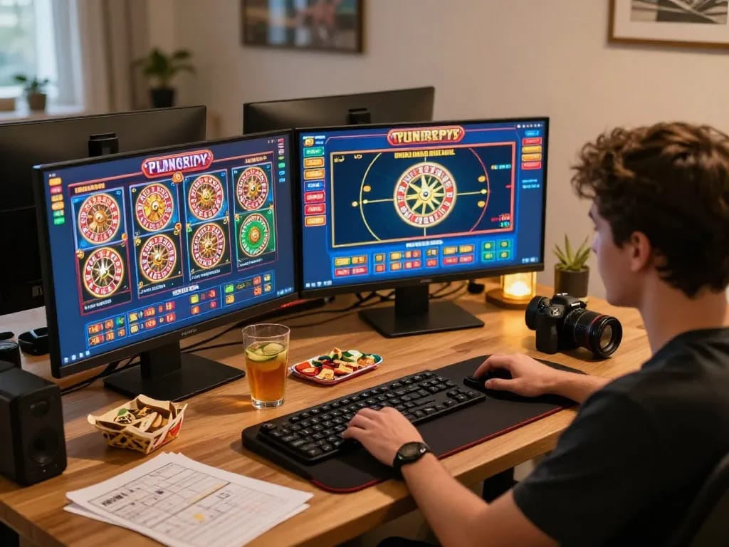 Player enjoying mm88 online gaming, with multiple screens of casino games and strategy notes in a cozy setting.