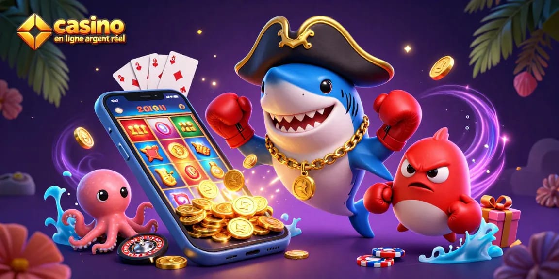 Plongez dans l'univers des jeux avec casino en ligne argent réel, représenté par un requin pirate et un poulpe mignon.