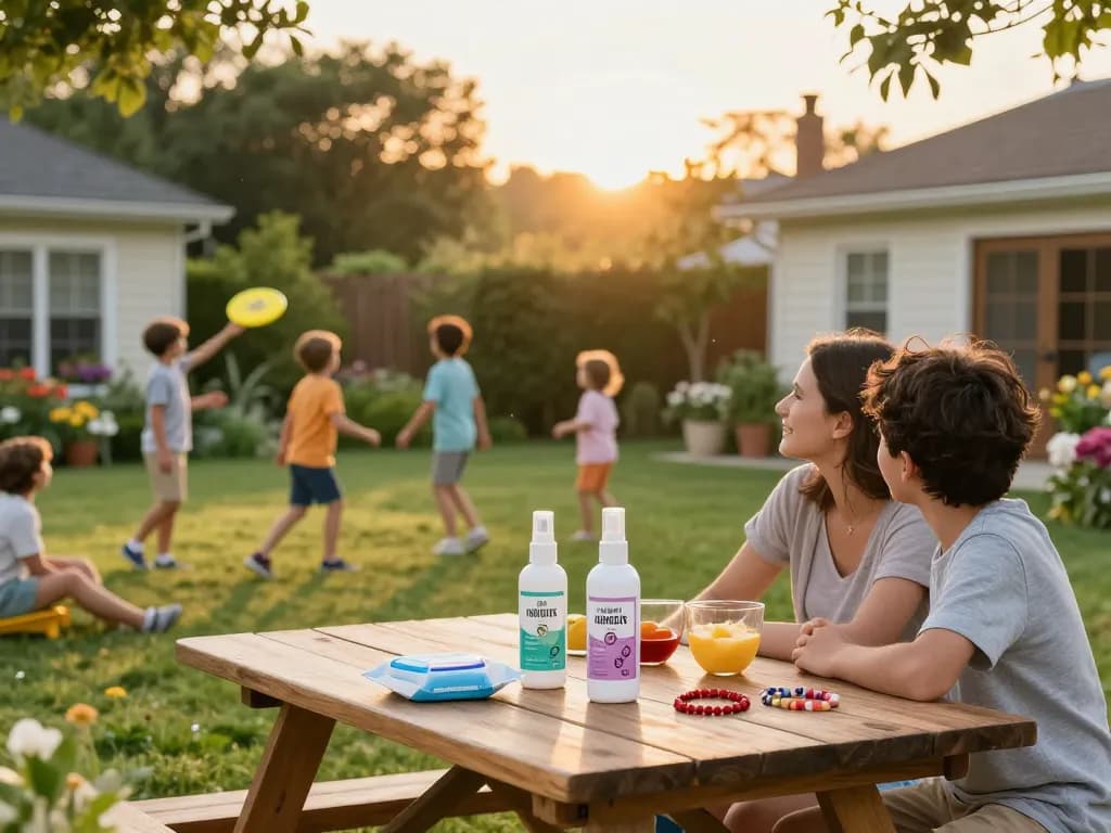 A family enjoying their backyard barbecue while using the Best Mosquito Repellent products, creating a comfortable summer gathering atmosphere.