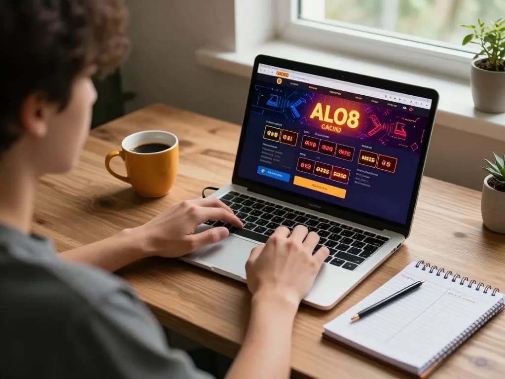 Engaging online gaming atmosphere with ALO8 casino interface displayed on a laptop, showcasing strategic betting.